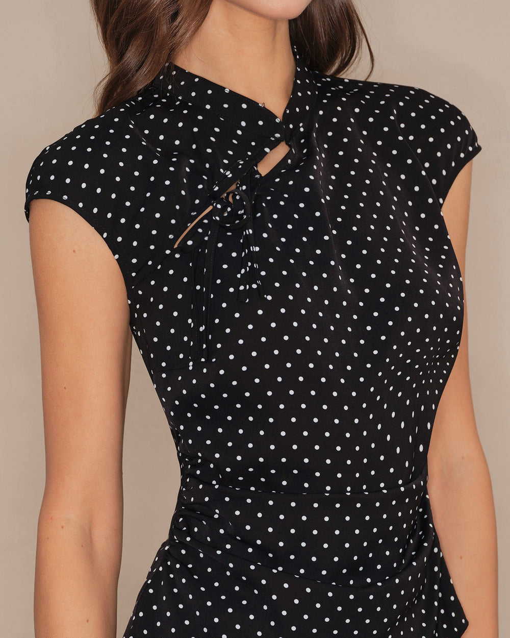 Black Polka Dot Mandarin Collar Tee | Rihoas