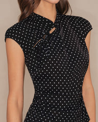 Black Polka Dot Mandarin Collar Tee | Rihoas