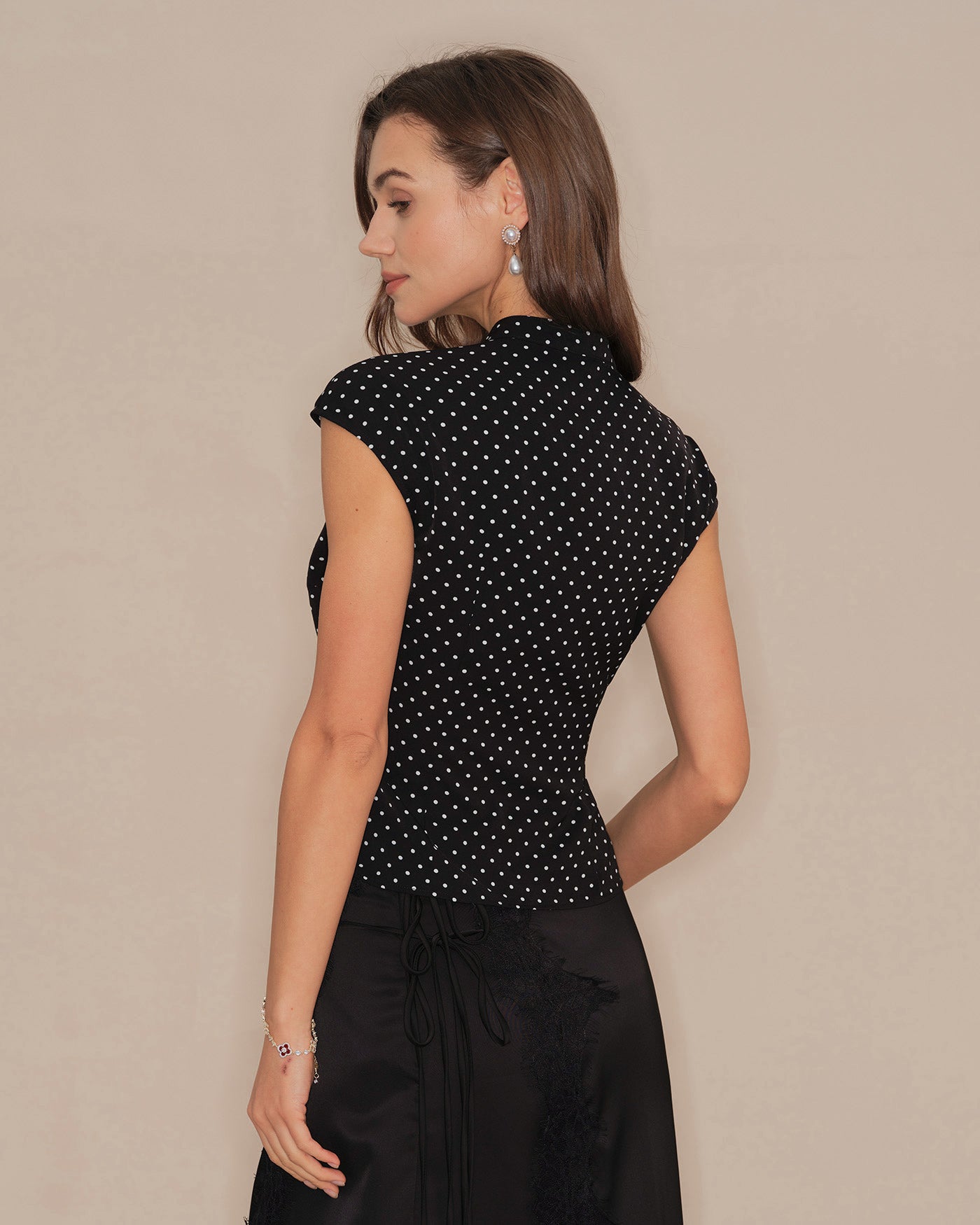 Black Polka Dot Mandarin Collar Tee | Rihoas