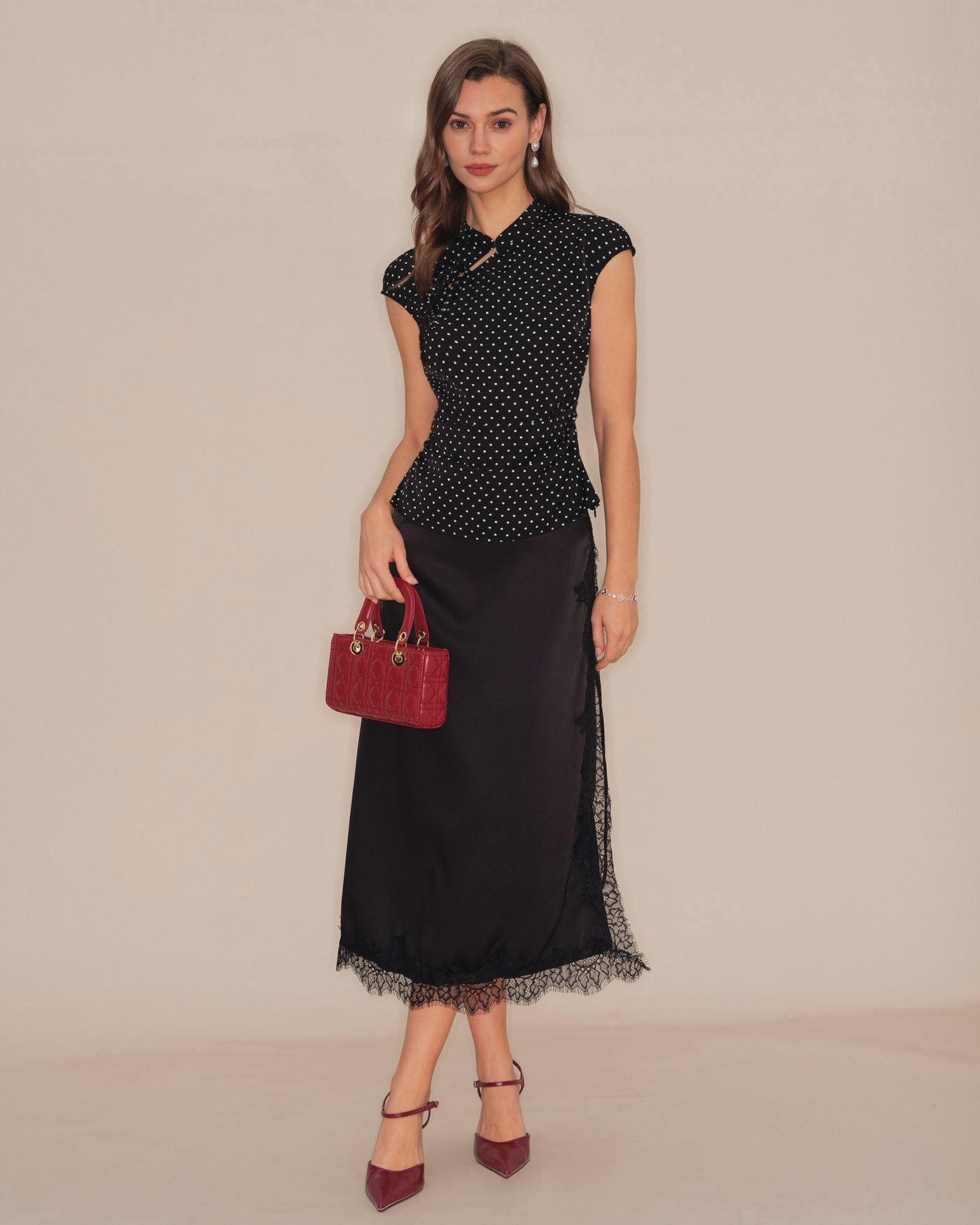Black Polka Dot Mandarin Collar Tee | Rihoas
