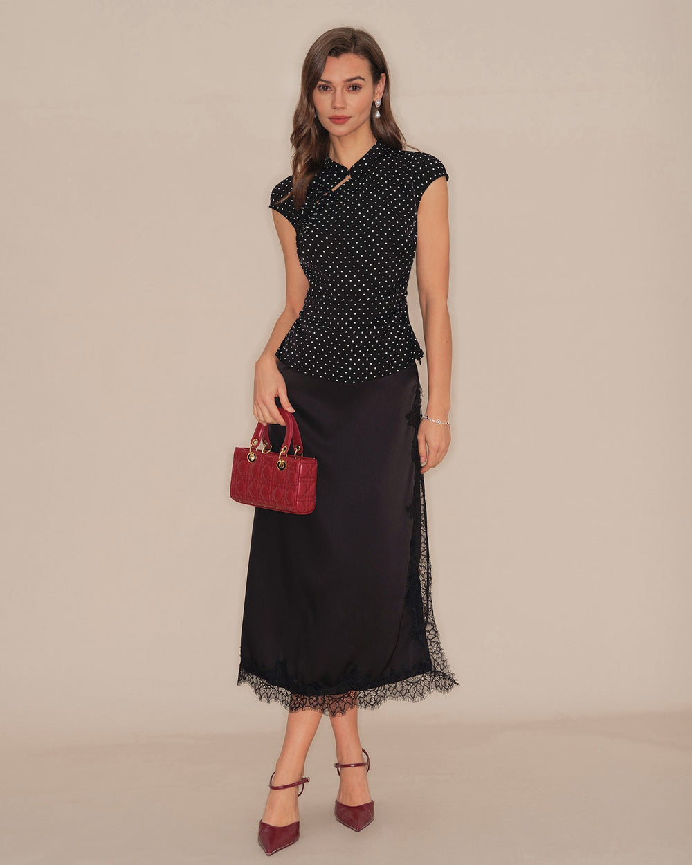 Black Polka Dot Mandarin Collar Tee | Rihoas