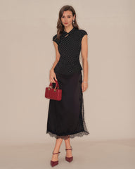 Black Polka Dot Mandarin Collar Tee | Rihoas