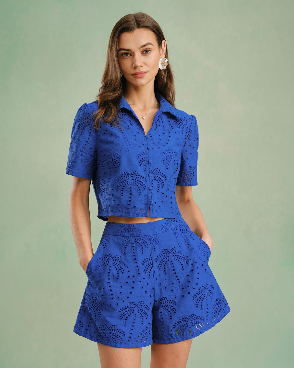 Blue Textured Button Collar Blouse | Rihoas