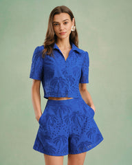 Blue Textured Button Collar Blouse | Rihoas