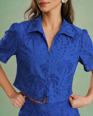 Blue Textured Button Collar Blouse | Rihoas