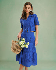 Blue Textured Button Collar Blouse | Rihoas