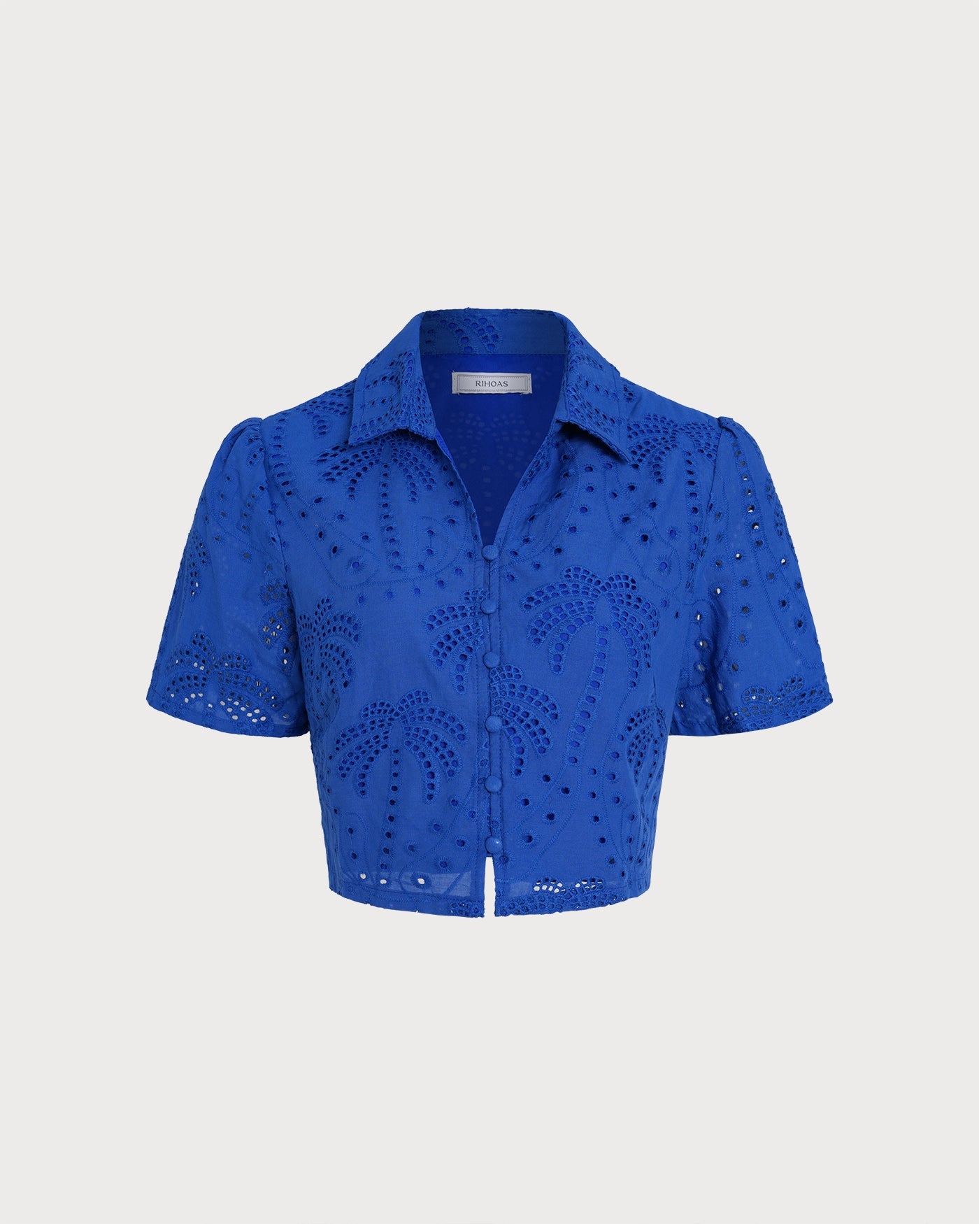Blue Textured Button Collar Blouse | Rihoas