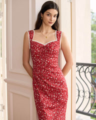 The Red Sweetheart Neck Floral Lace Trim Midi Dress | Rihoas