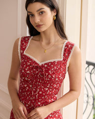 The Red Sweetheart Neck Floral Lace Trim Midi Dress | Rihoas