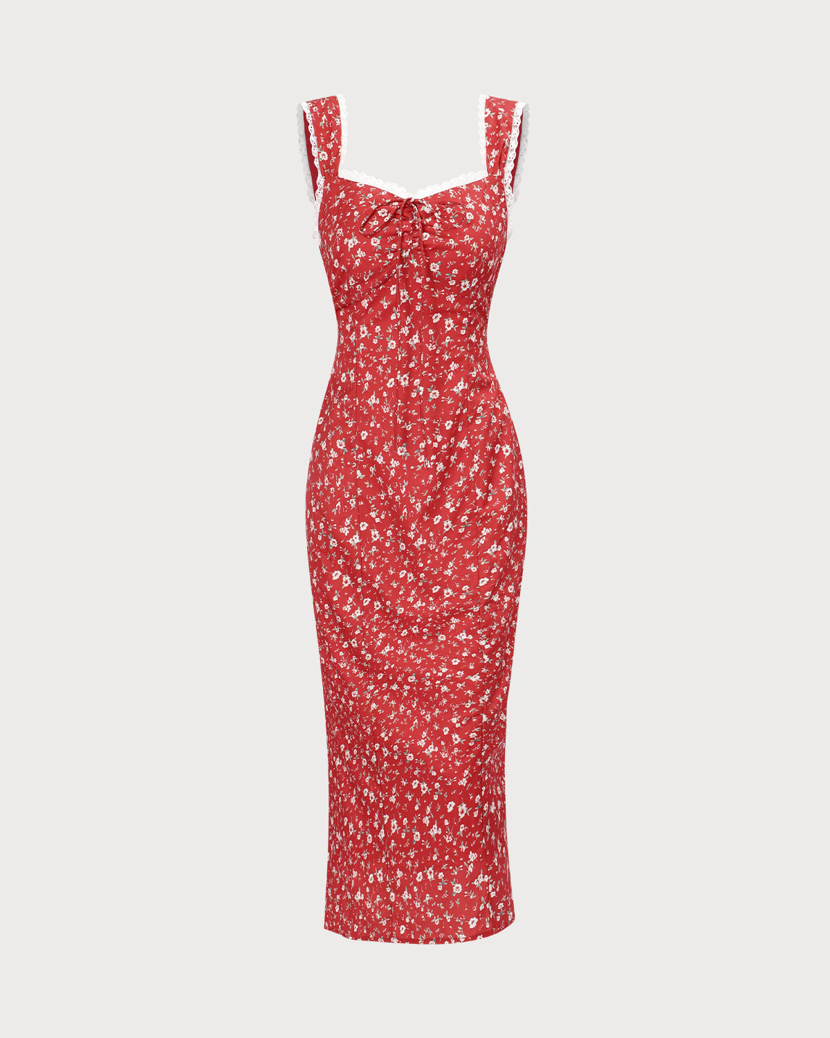 The Red Sweetheart Neck Floral Lace Trim Midi Dress | Rihoas