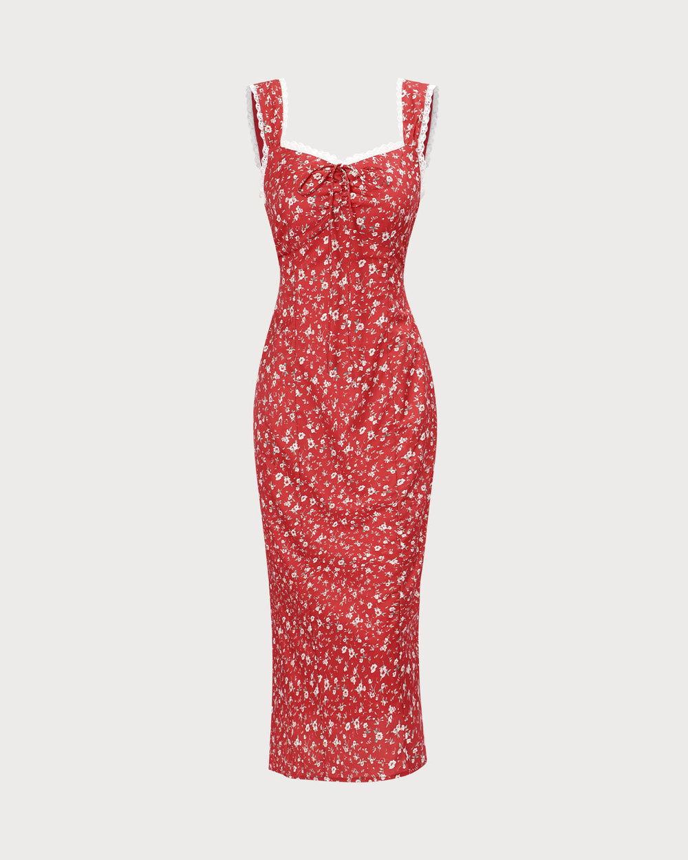 The Red Sweetheart Neck Floral Lace Trim Midi Dress | Rihoas