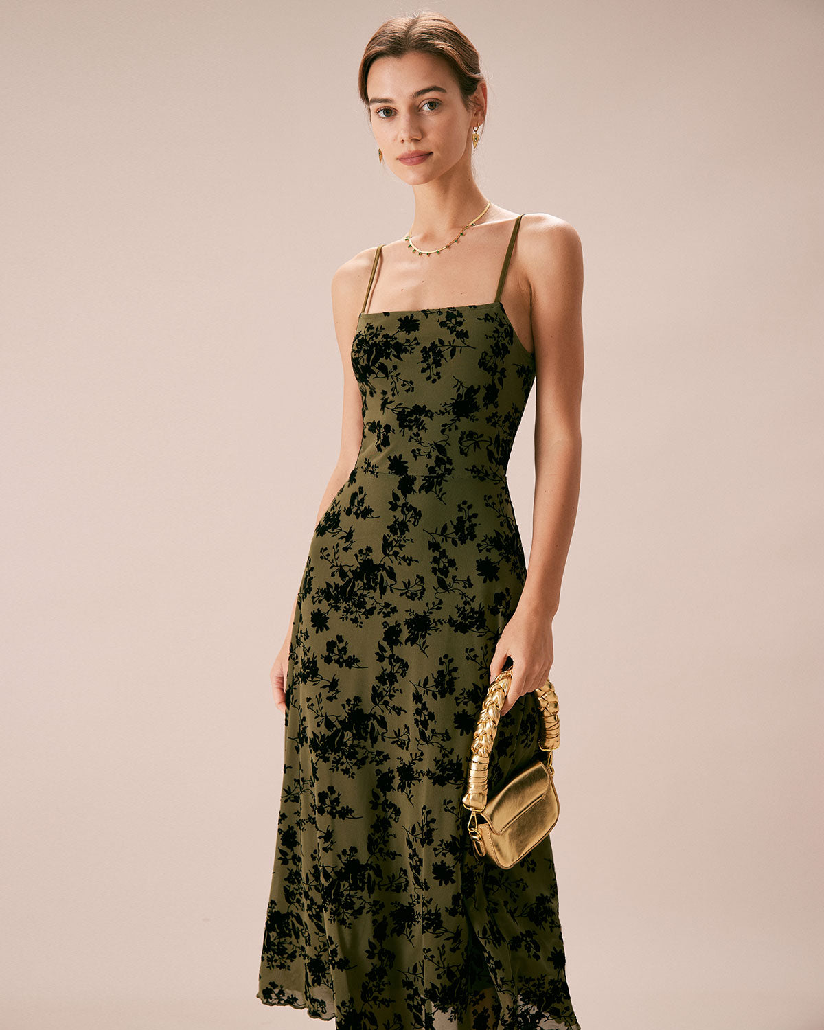 The Green Floral Burnout A-Line Slip Midi Dress | Rihoas