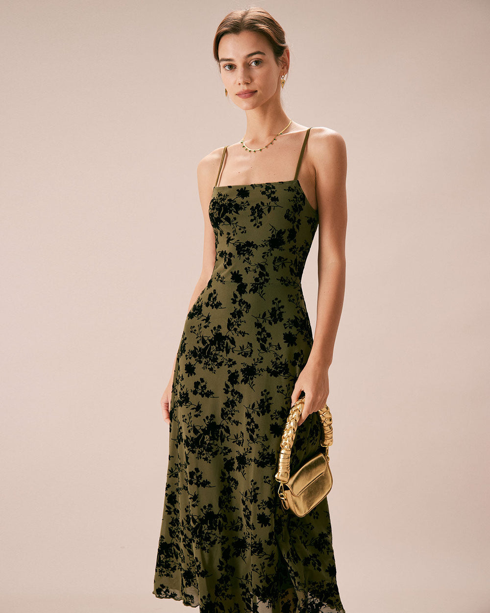 The Green Floral Burnout A-Line Slip Midi Dress | Rihoas