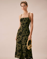 The Green Floral Burnout A-Line Slip Midi Dress | Rihoas