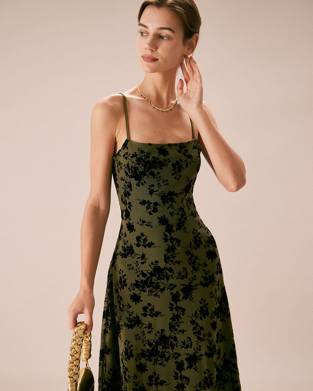 The Green Floral Burnout A-Line Slip Midi Dress | Rihoas