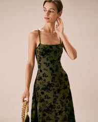 The Green Floral Burnout A-Line Slip Midi Dress | Rihoas