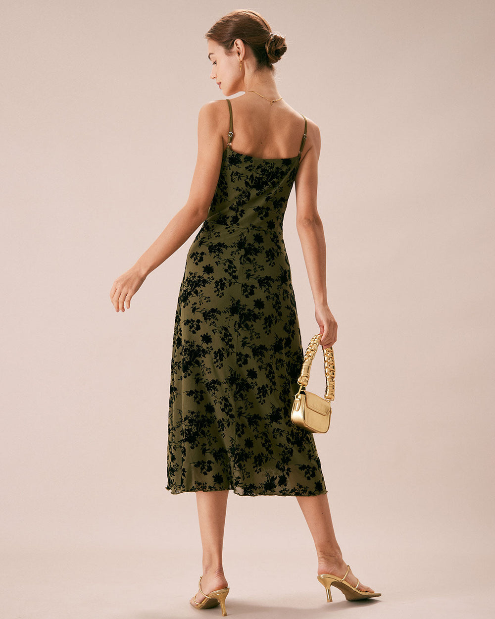 The Green Floral Burnout A-Line Slip Midi Dress | Rihoas