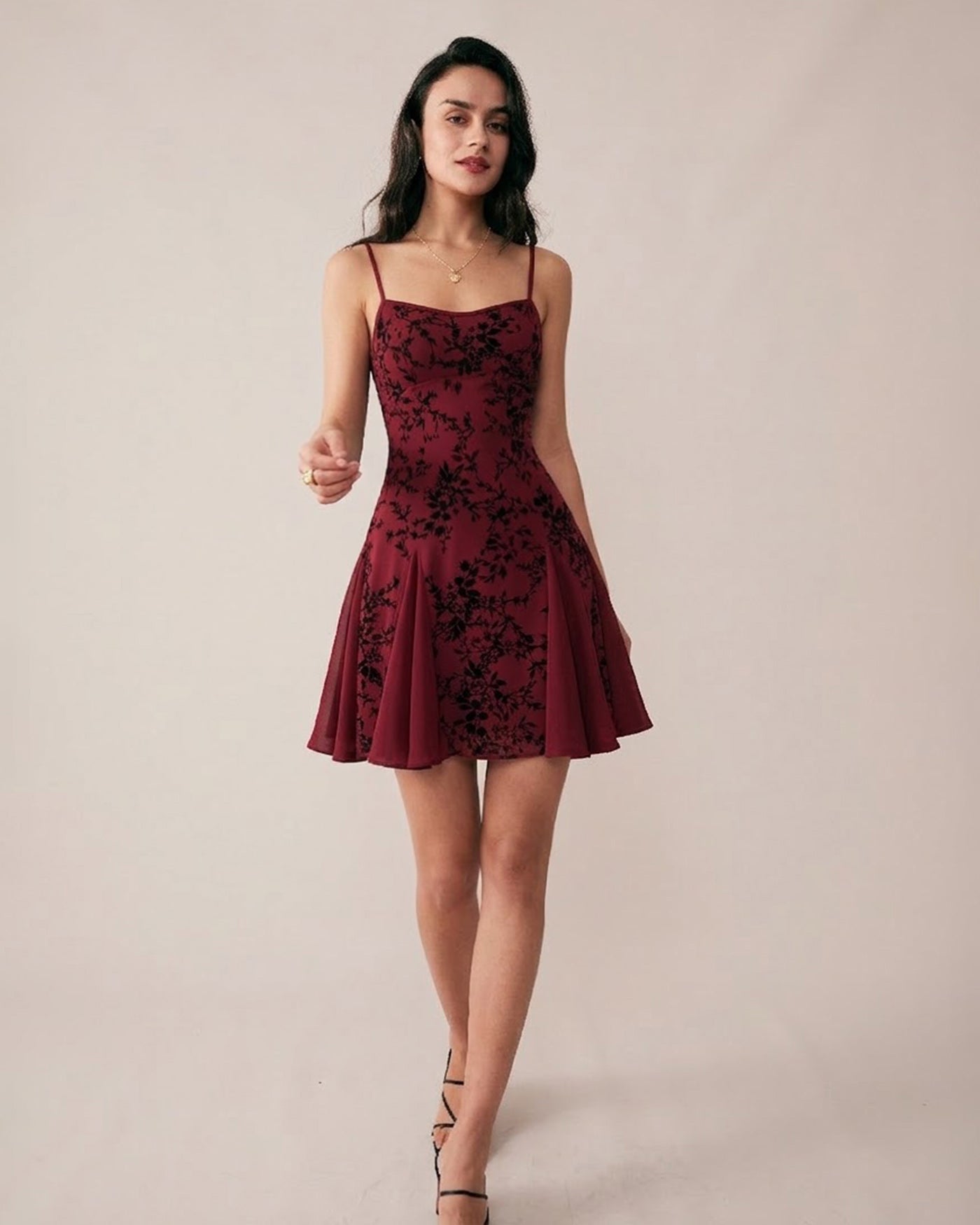 Wine Red Floral Mini Dress | Rihoas