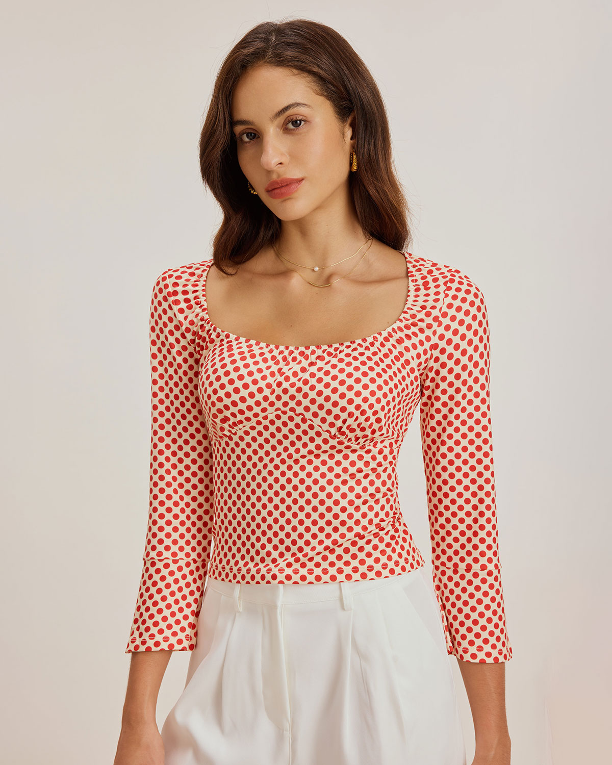 Red Polka Dot U-Neck Bell Sleeve Tee | Rihoas