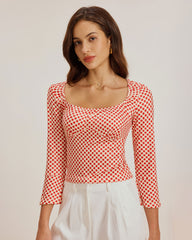 Red Polka Dot U-Neck Bell Sleeve Tee | Rihoas