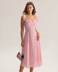 Pink Square Neck Ruffle Midi Dress | Rihoas