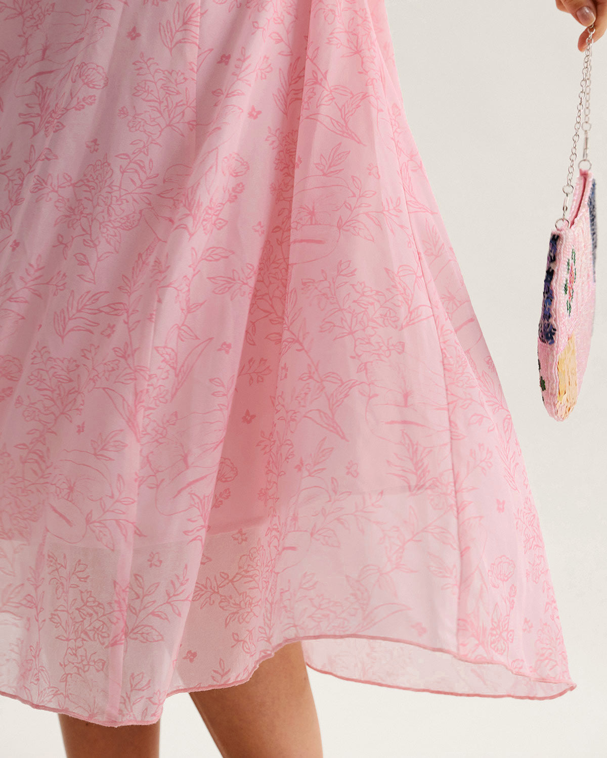 Pink Square Neck Ruffle Midi Dress | Rihoas