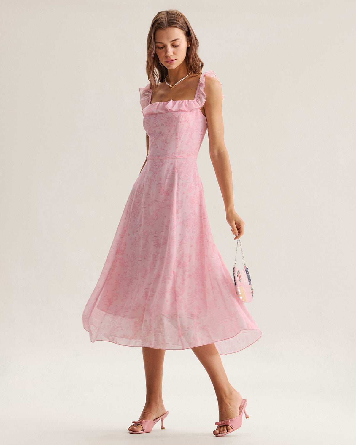 Pink Square Neck Ruffle Midi Dress | Rihoas