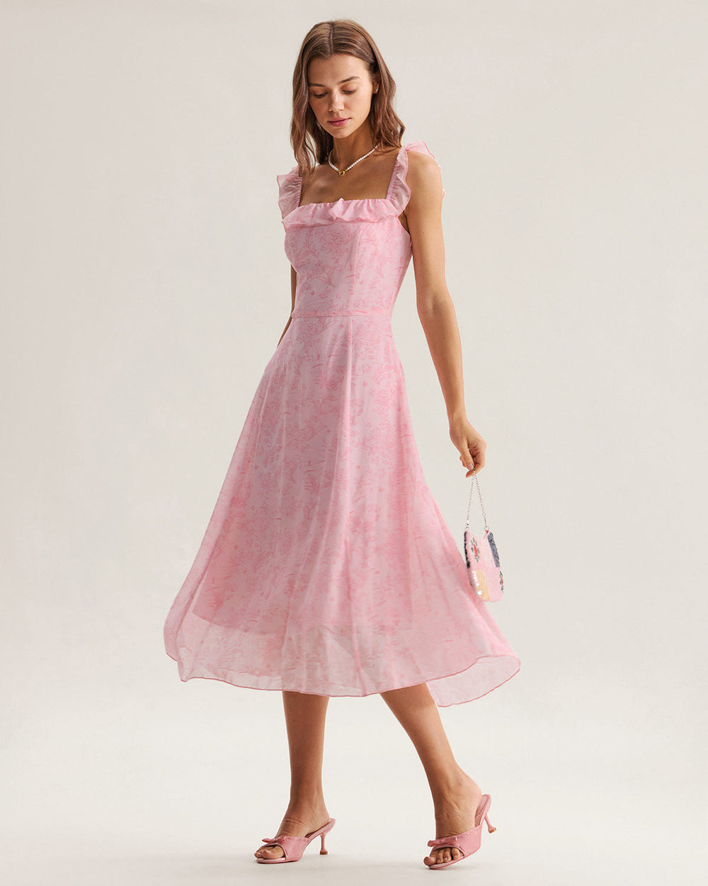 Pink Square Neck Ruffle Midi Dress | Rihoas