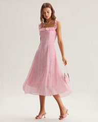 Pink Square Neck Ruffle Midi Dress | Rihoas
