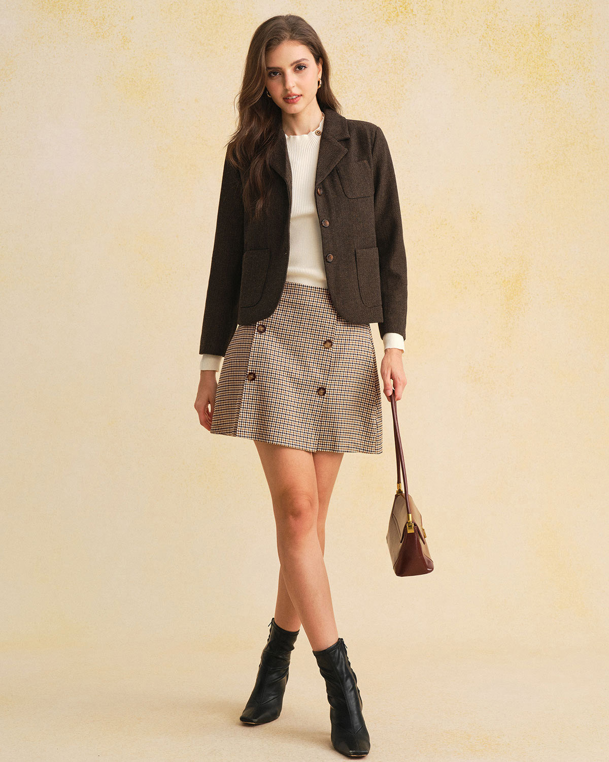 Khaki Plaid A-Line Mini Skirt | Rihoas