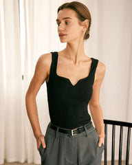 The Black V Neck Ribbed Knit Tank Top | Rihoas