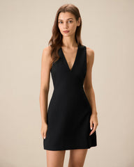 Women's Black V-Neck Sleeveless Mini Dress | Rihoas