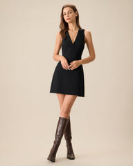 Women's Black V-Neck Sleeveless Mini Dress | Rihoas