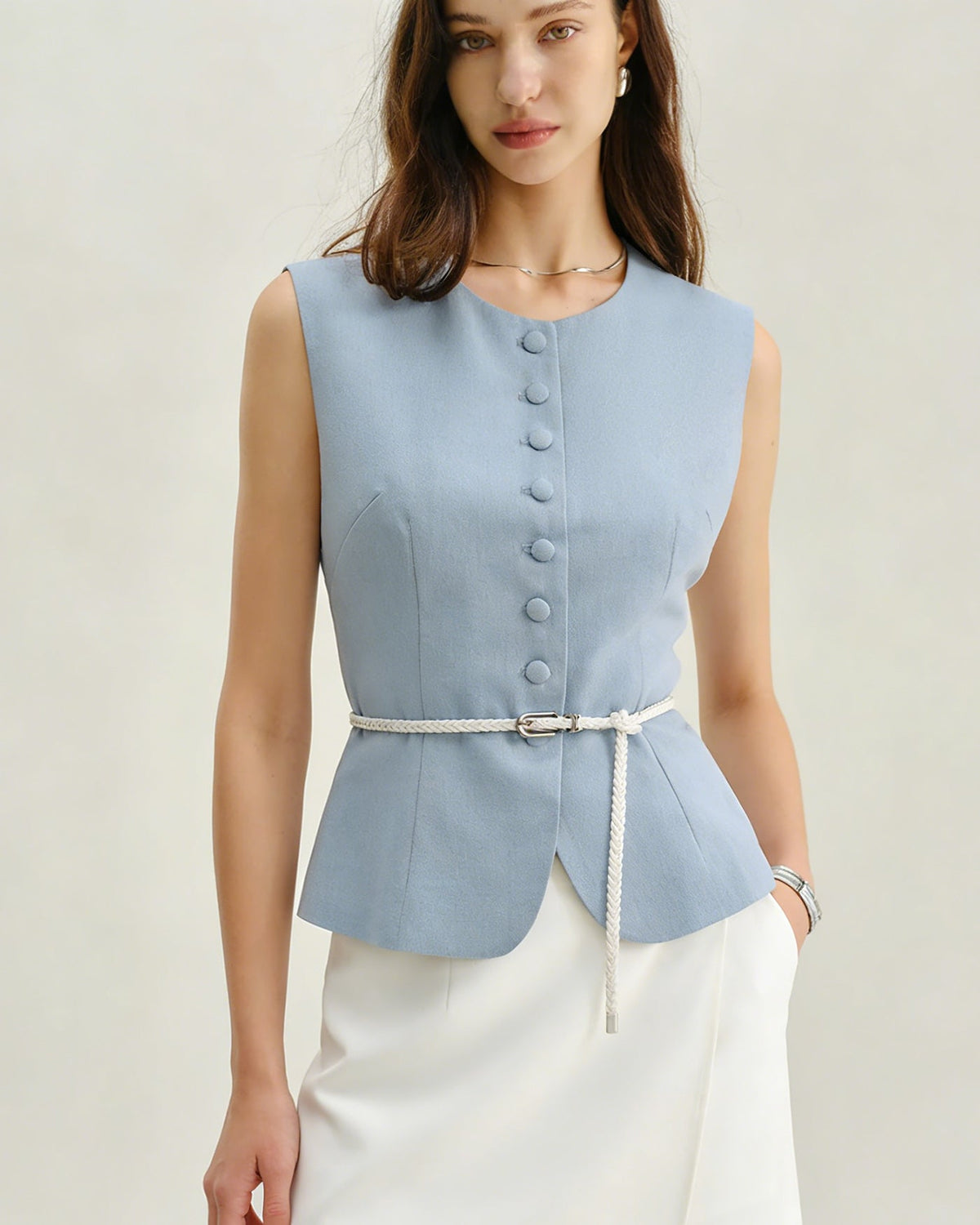 Blue Single Breasted Belt Vest | Rihoas