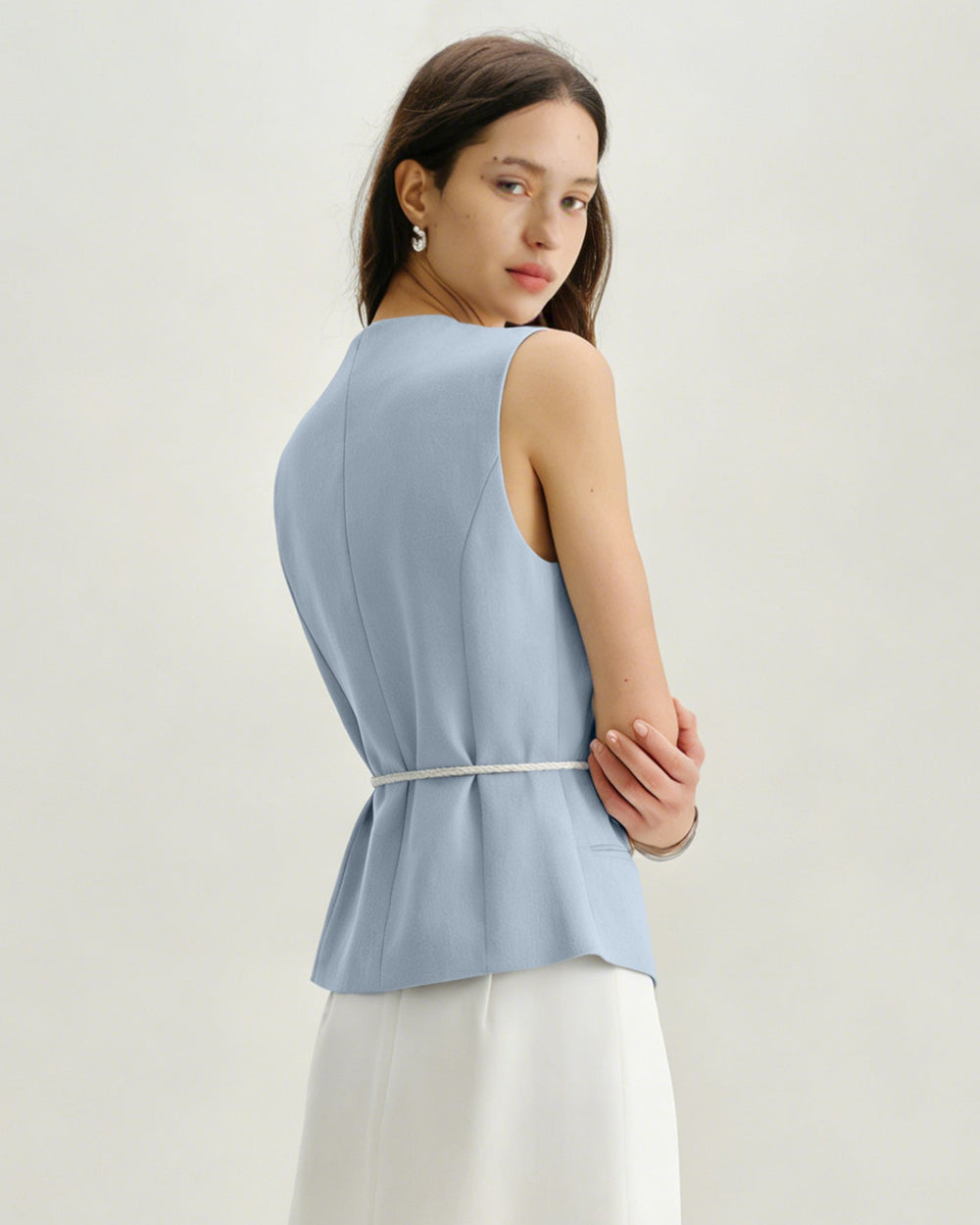 Blue Single Breasted Belt Vest | Rihoas