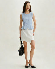 Blue Single Breasted Belt Vest | Rihoas
