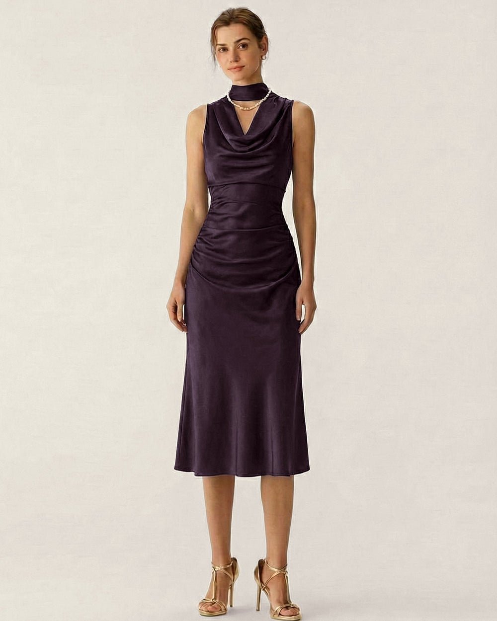 Purple Cowl Neck Mermaid Satin Midi Dress | Rihoas