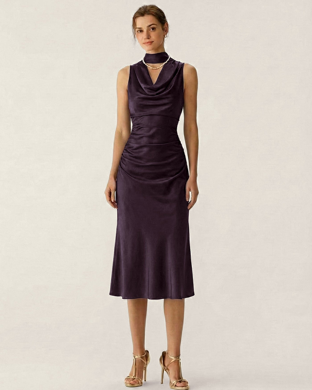 Purple Cowl Neck Mermaid Satin Midi Dress | Rihoas
