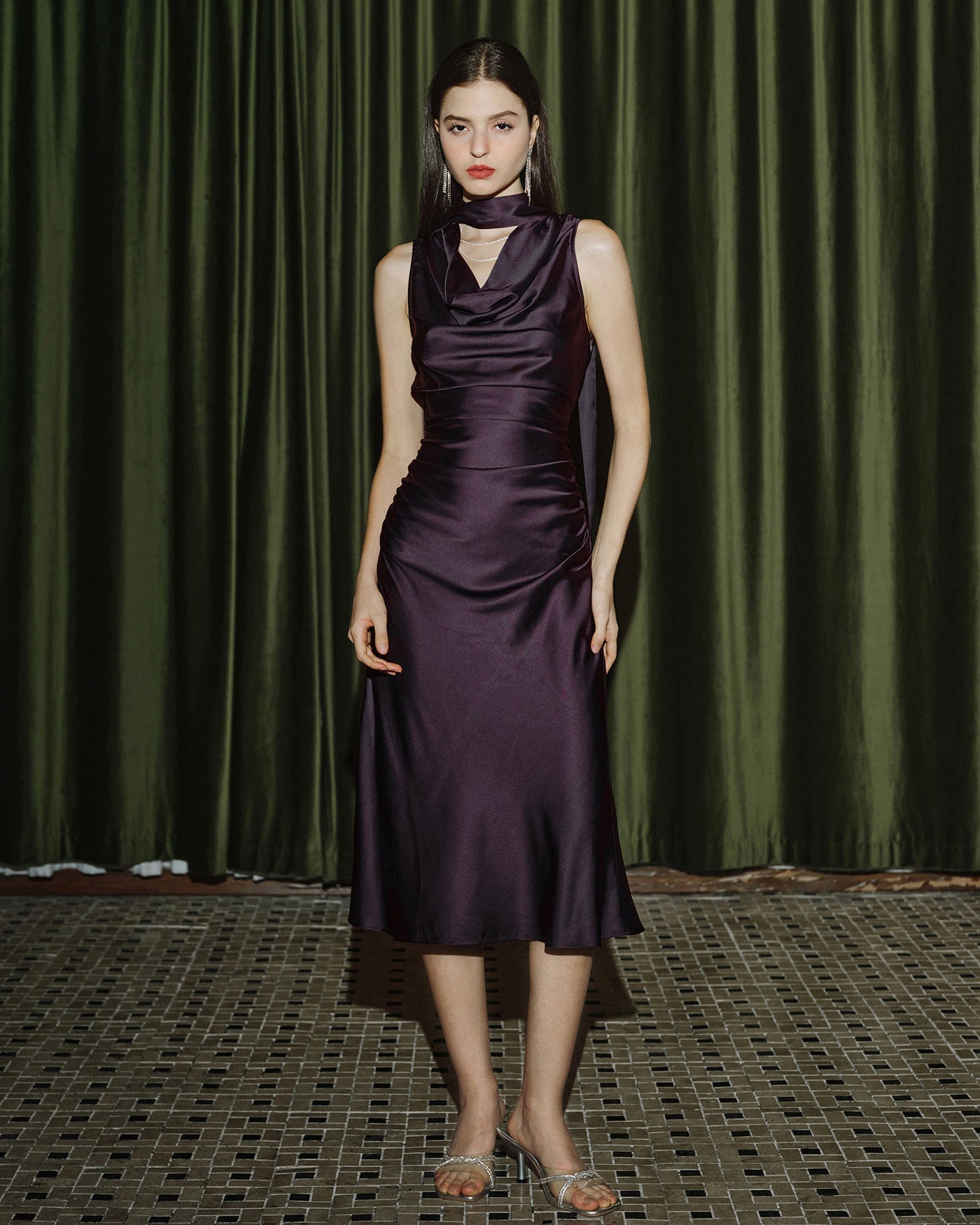 Purple Cowl Neck Mermaid Satin Midi Dress | Rihoas