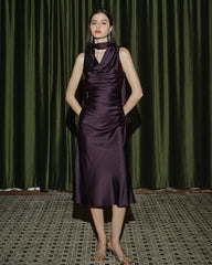 Purple Cowl Neck Mermaid Satin Midi Dress | Rihoas