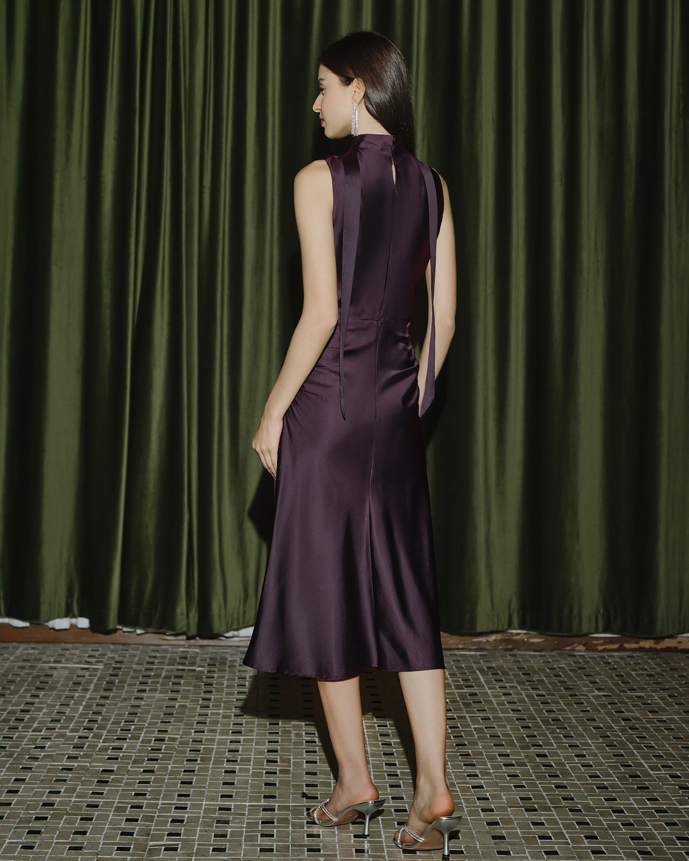Purple Cowl Neck Mermaid Satin Midi Dress | Rihoas