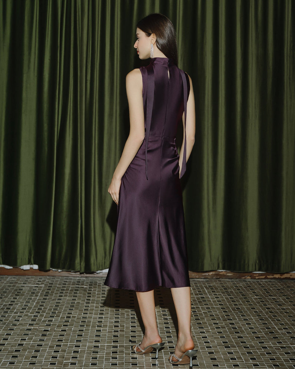 Purple Cowl Neck Mermaid Satin Midi Dress | Rihoas