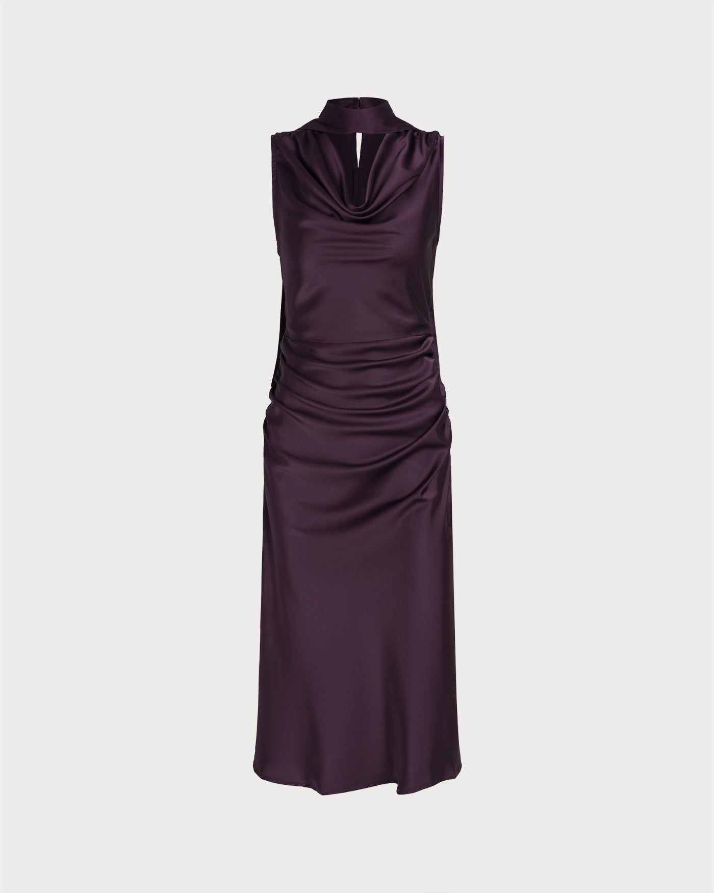Purple Cowl Neck Mermaid Satin Midi Dress | Rihoas