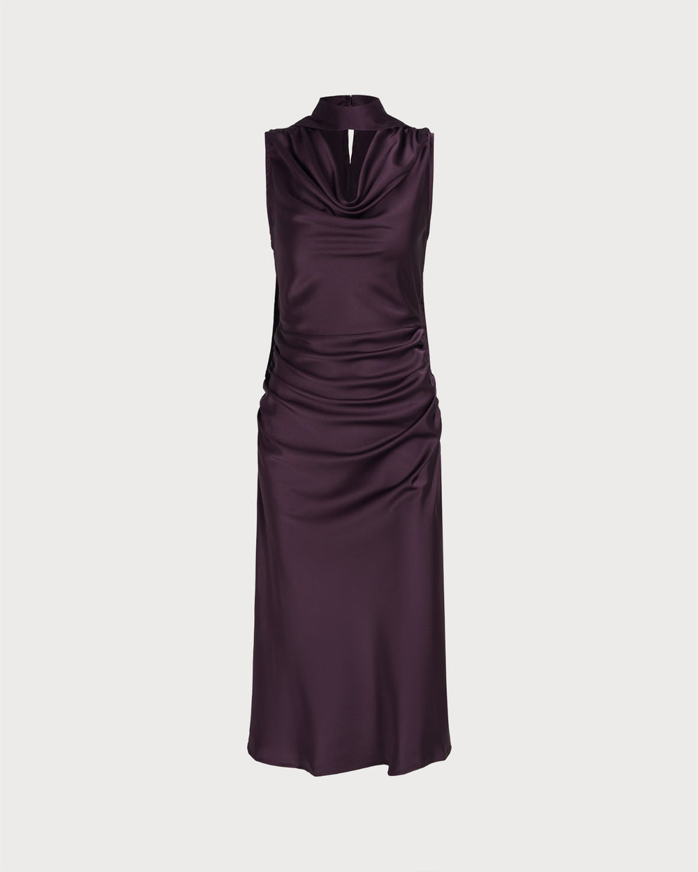 Purple Cowl Neck Mermaid Satin Midi Dress | Rihoas