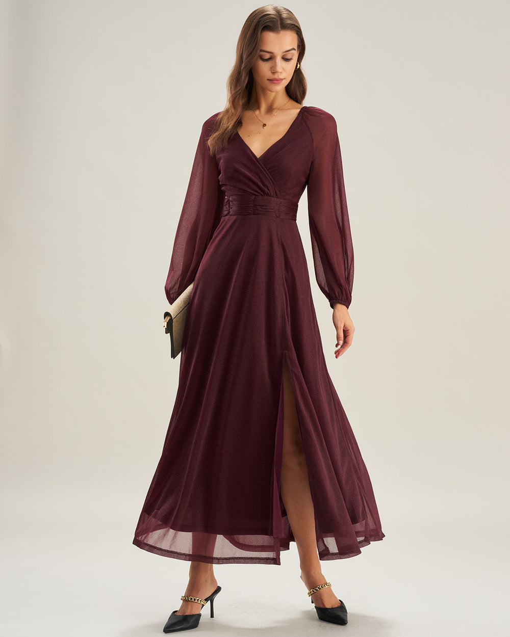 Purple V Neck See Through A-Line Maxi Dresses | Rihoas