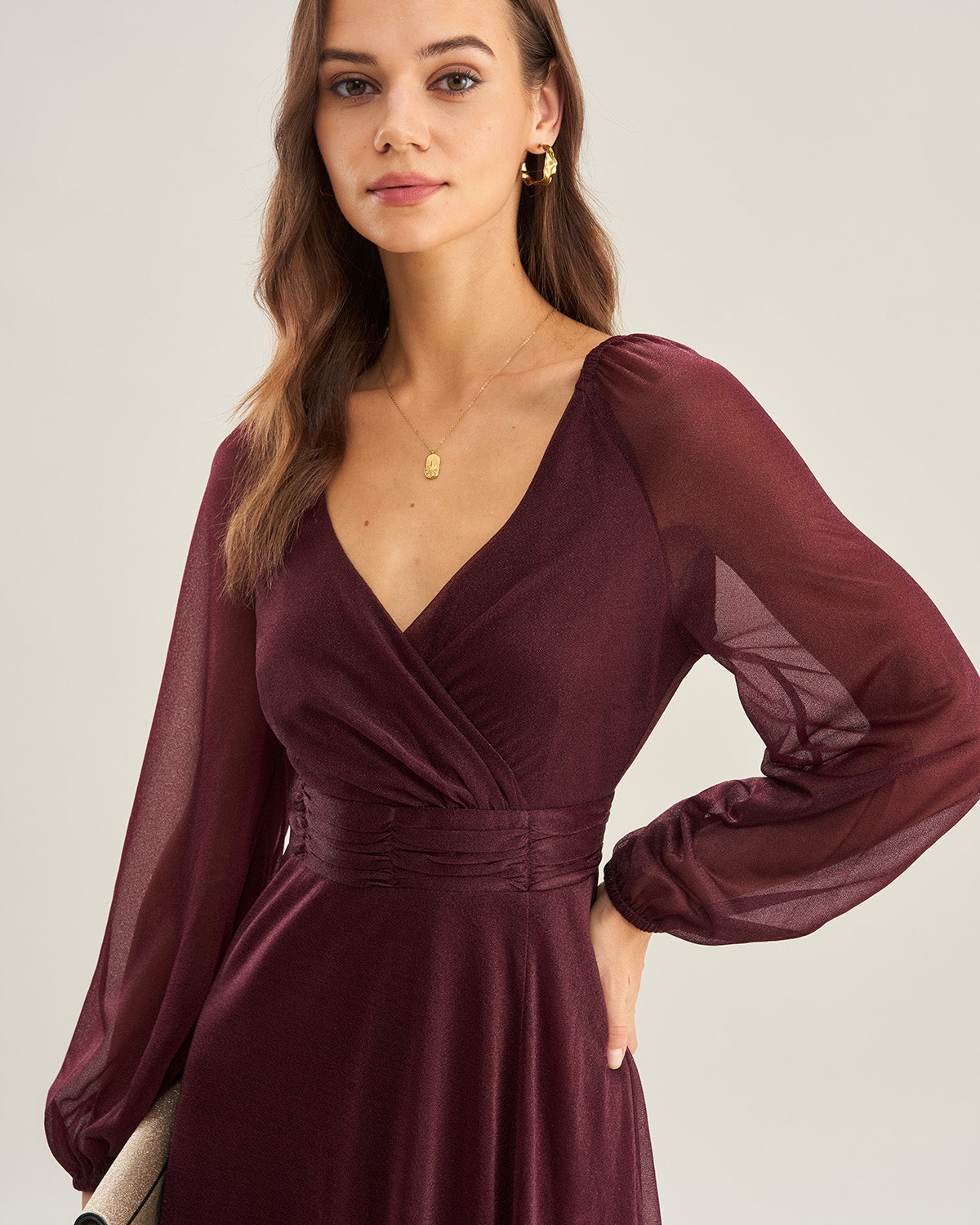 Purple V Neck See Through A-Line Maxi Dresses | Rihoas