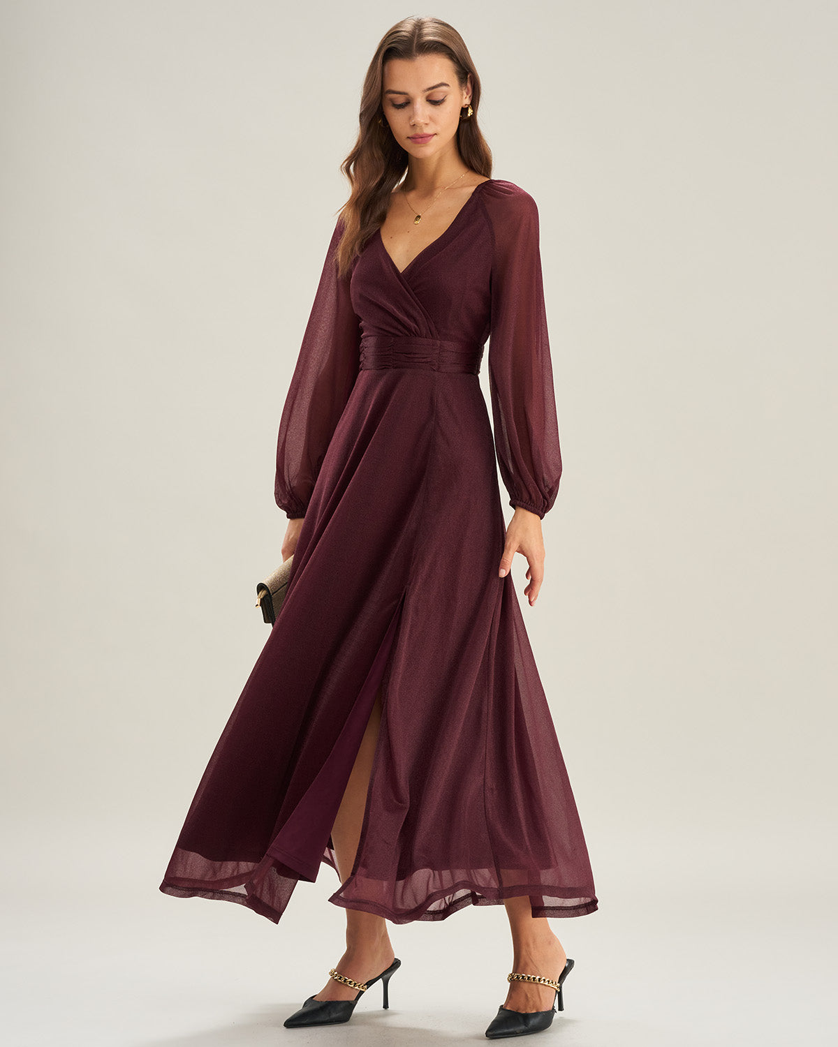 Purple V Neck See Through A-Line Maxi Dresses | Rihoas