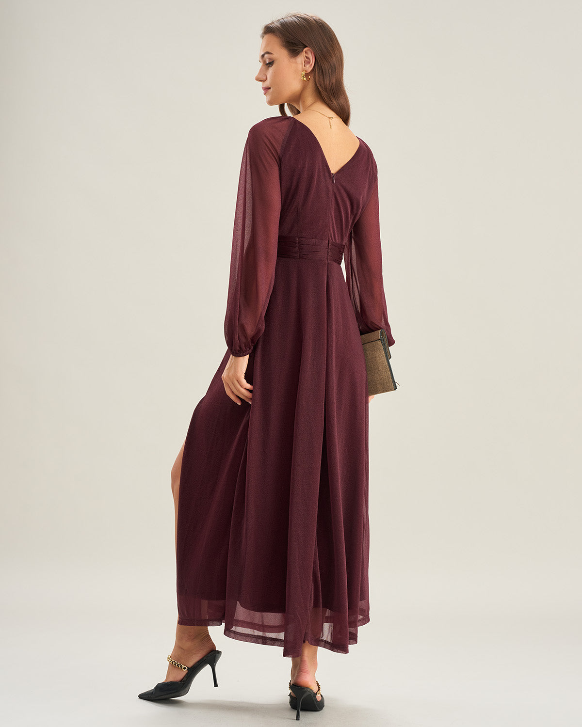 Purple V Neck See Through A-Line Maxi Dresses | Rihoas