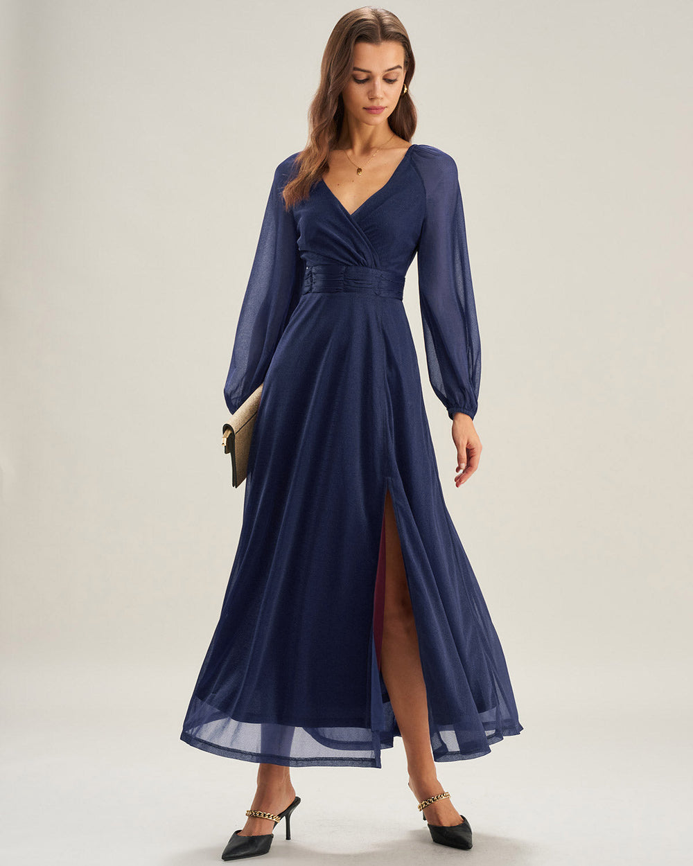 Blue V Neck A-Line Maxi Dress | Rihoas