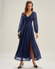 Blue V Neck A-Line Maxi Dress | Rihoas